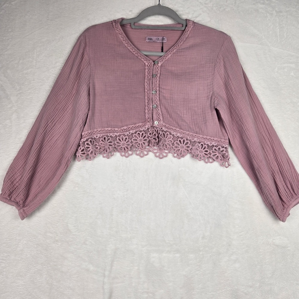 NWT Zara Womens Pink Lace Cropped Blouse Size 10 Long‎ Sleeve Cropped
